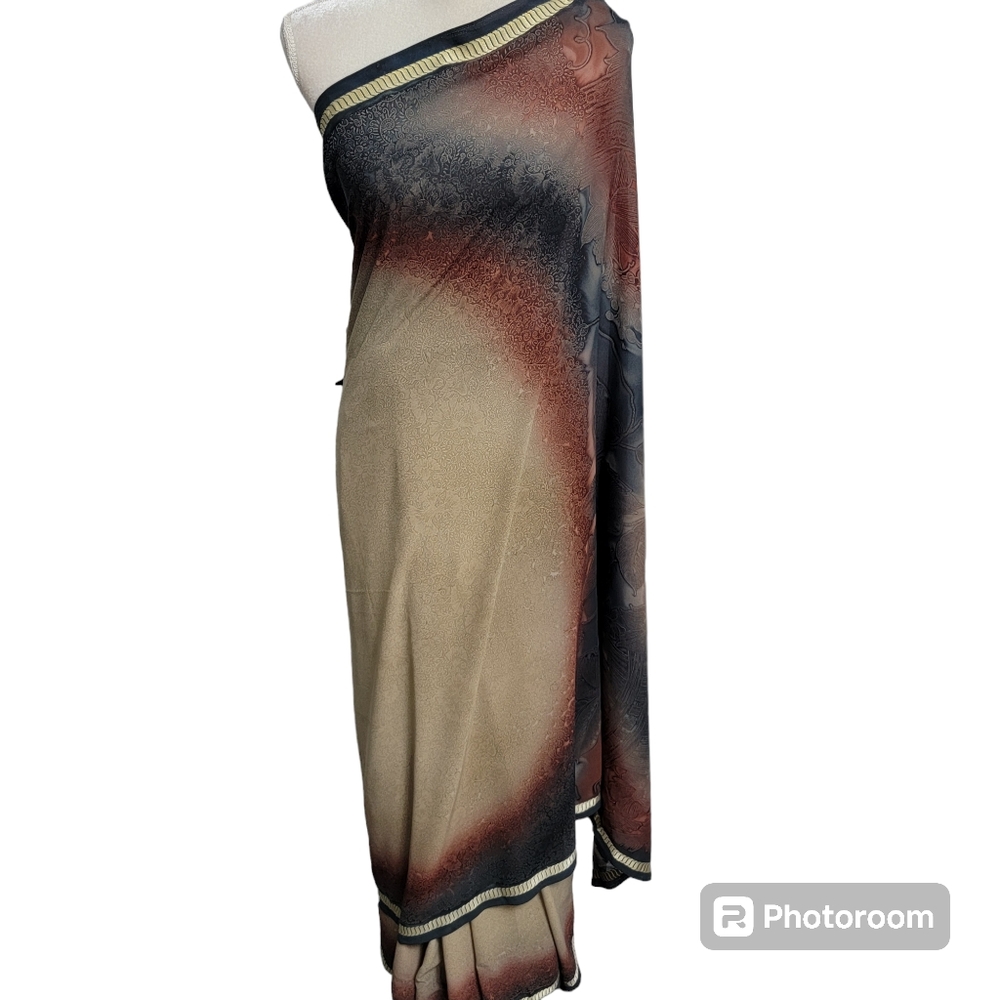 Brown, blue, red polyester saree/sari for party